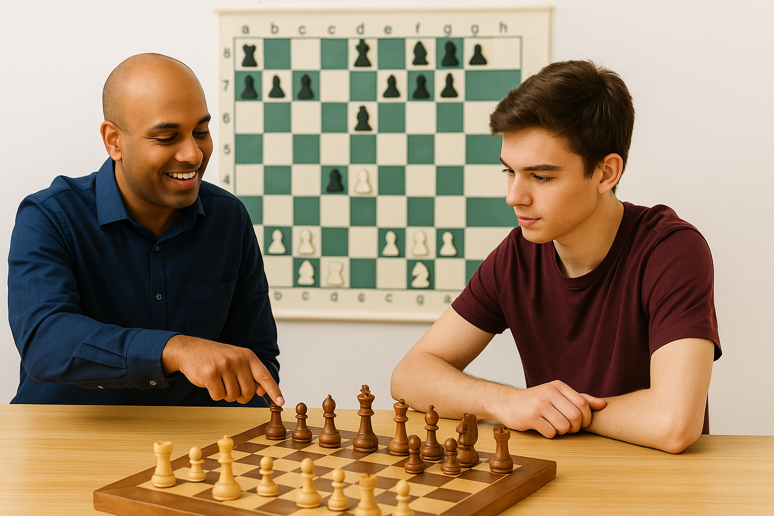 An experienced and fide certified Chess coach from Singapore teaching a young student on how to play chess