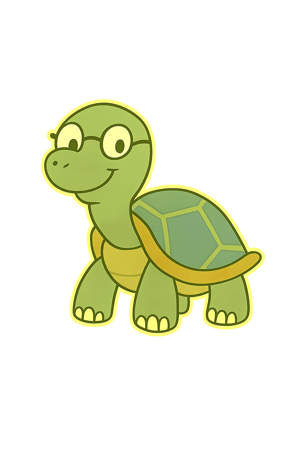 Cartoon turtle wearing glasses, smiling, with a glowing yellow outline, against a black background with some purple and pink lights at the top.