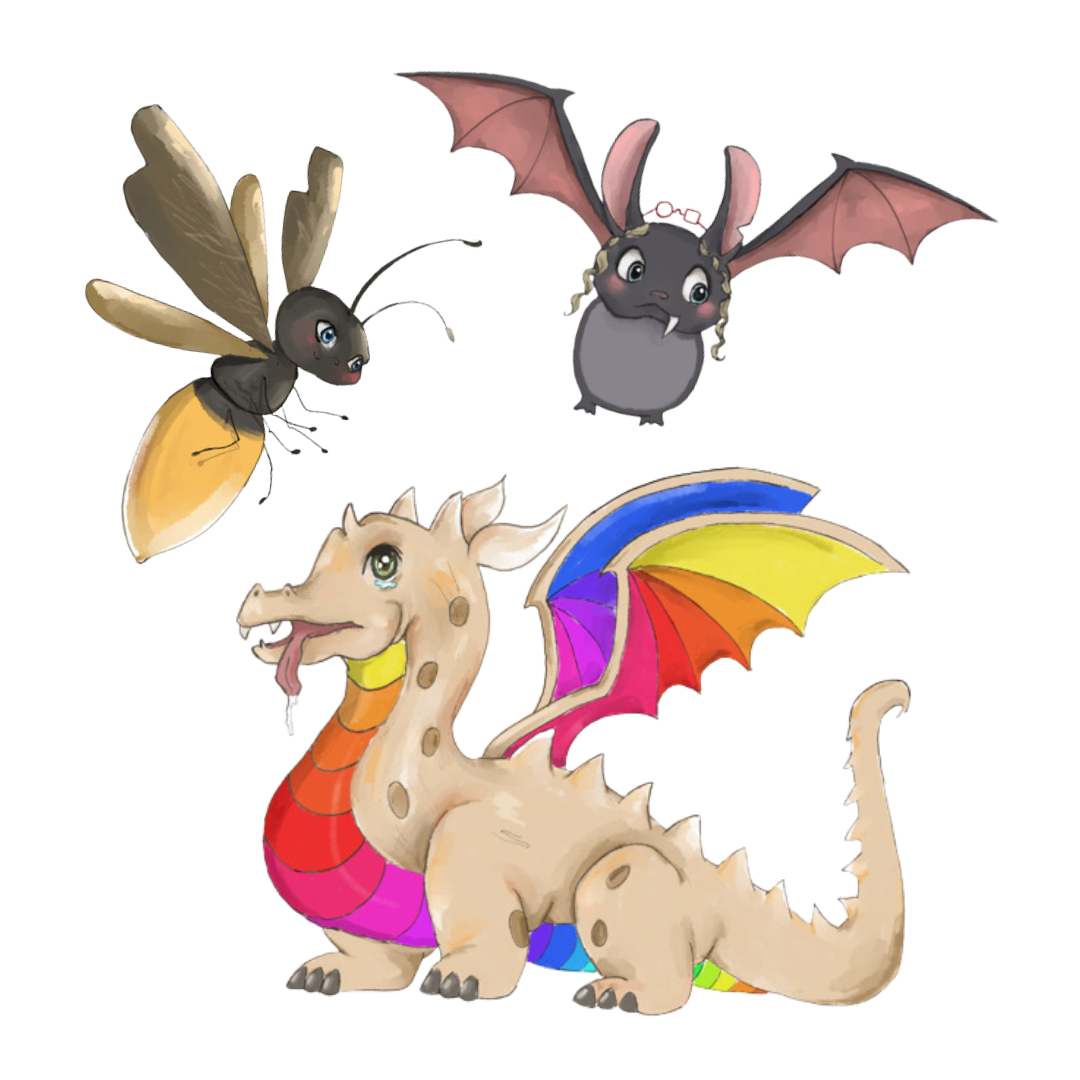 An illustration of s dragon with rainbow-colored wings, surrounded by a bee with large yellow wings and a furry black and yellow body and a small gray bat with large eyes and pink wings.