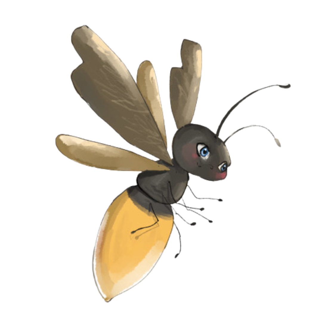 An illustrated bee with a black head, large blue eyes, a pink nose, yellow body, and semi-transparent wings.
