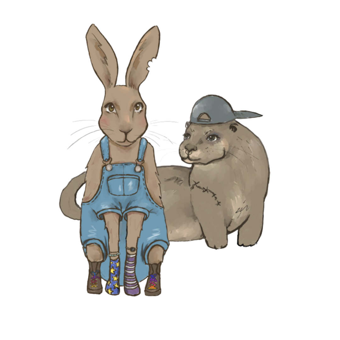 Two illustrated animal characters wearing gray baseball caps, positioned one above the other.