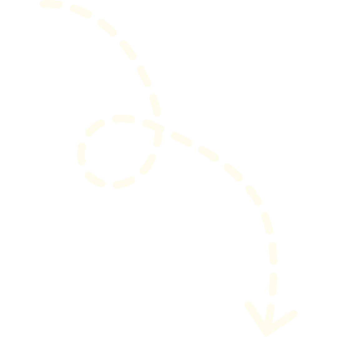 White dashed lines forming a curved path on a black background with an arrow pointing downward.