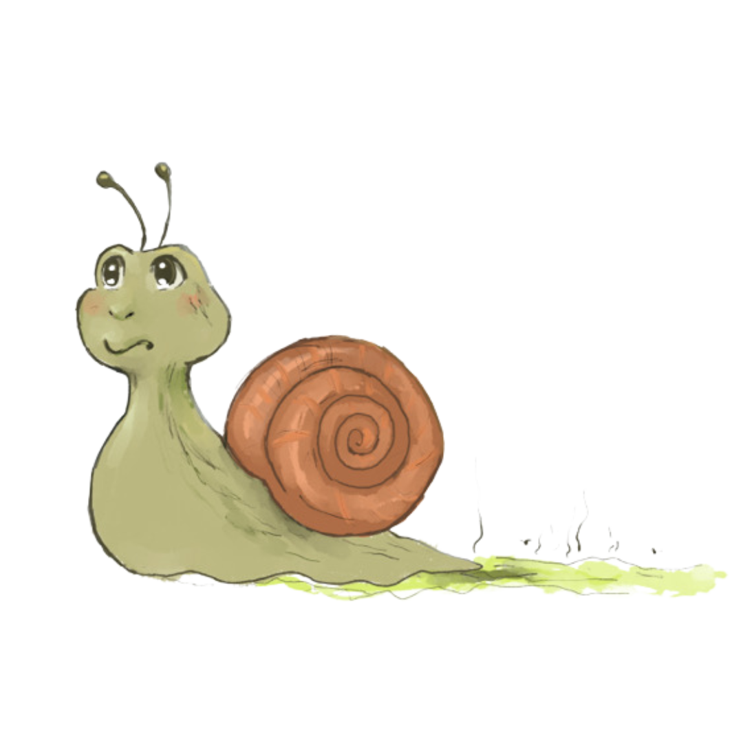A cute illustrated snail with a light green body and a brown shell, showing a surprised or curious expression.