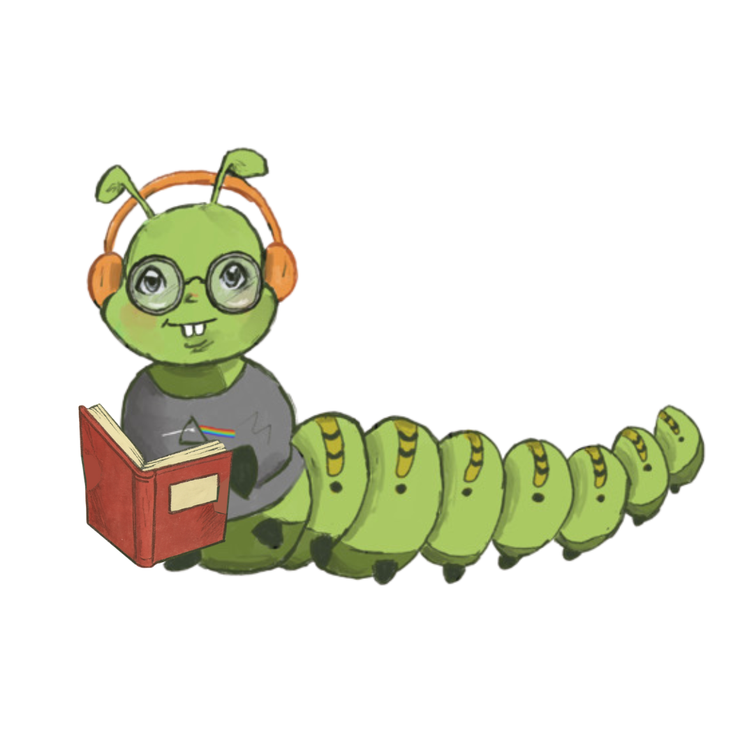Cute cartoon of a green caterpillar with glasses and a backpack, reading a book.