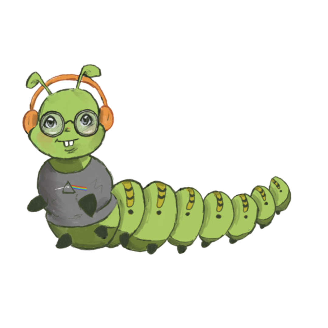 An illustrated green caterpillar with a character face, wearing glasses and a gray shirt, sitting with a happy expression.