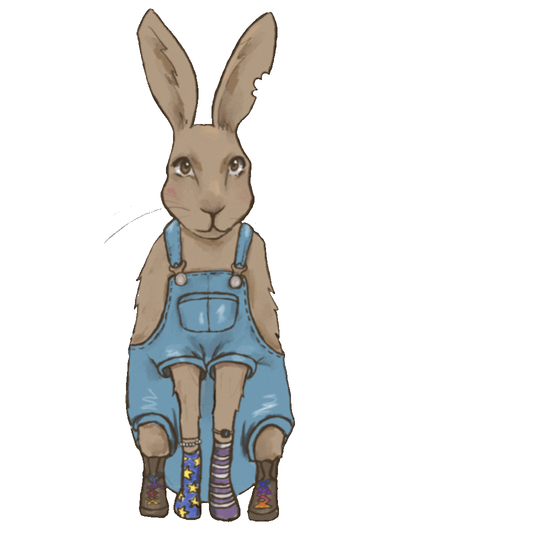 A drawing of a rabbit wearing blue overalls, mismatched socks, and small boots, sitting with its front paws on its knees.