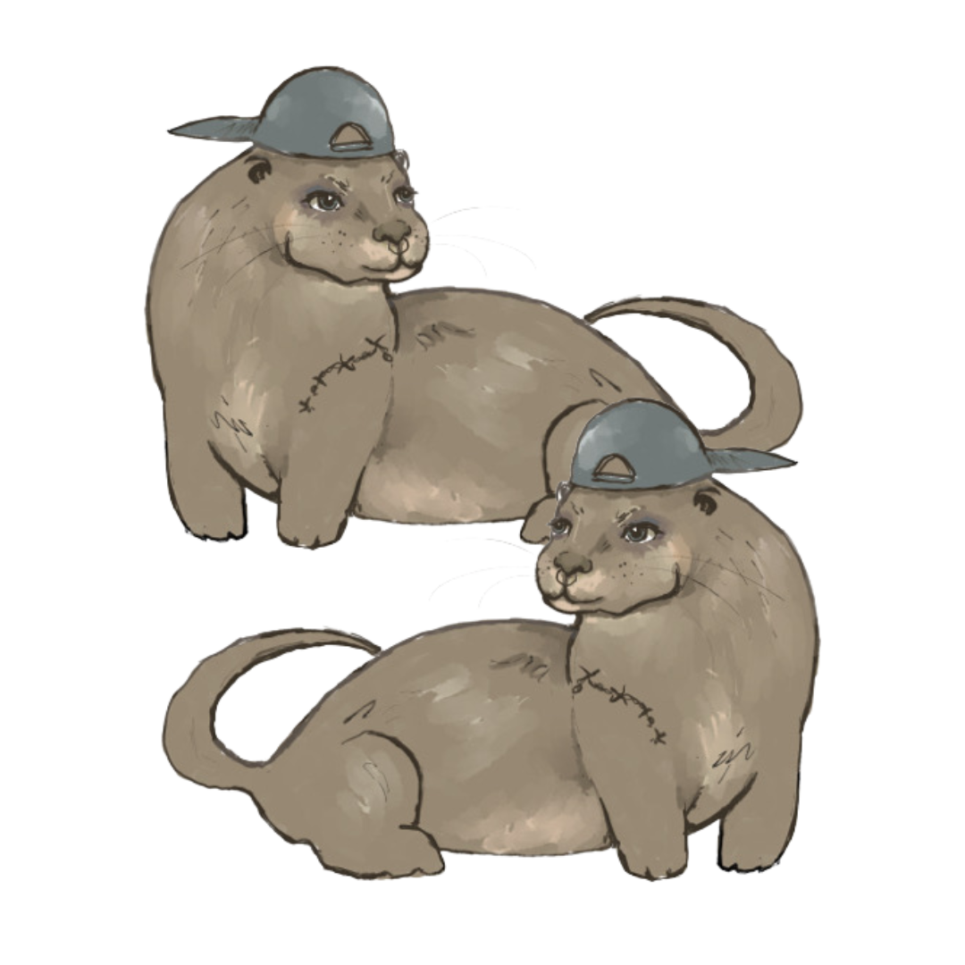 Two illustrated sea lions wearing gray baseball caps, positioned one above the other.