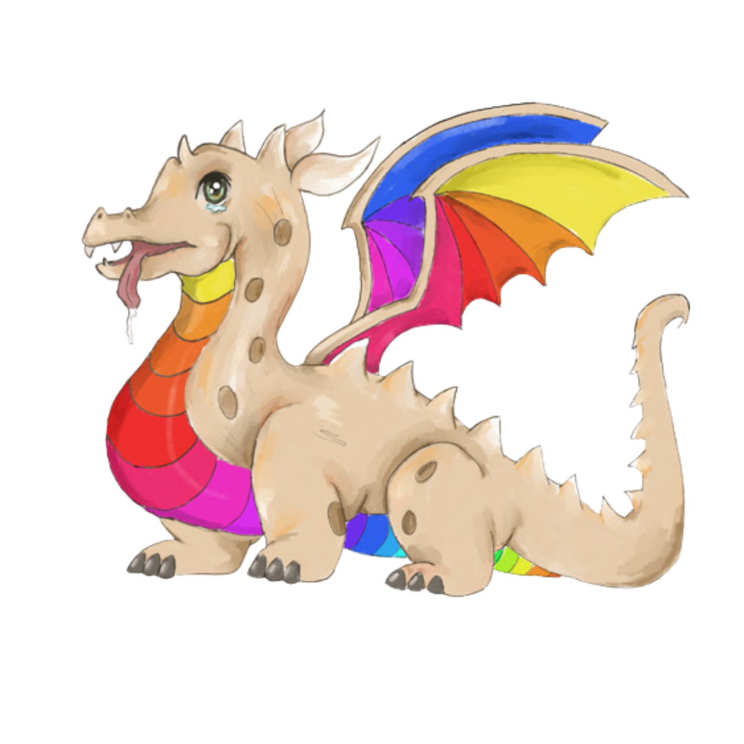 An illustrated baby dragon with beige body, brown spots, purple eyes, and a colorful rainbow wings sitting and smiling.