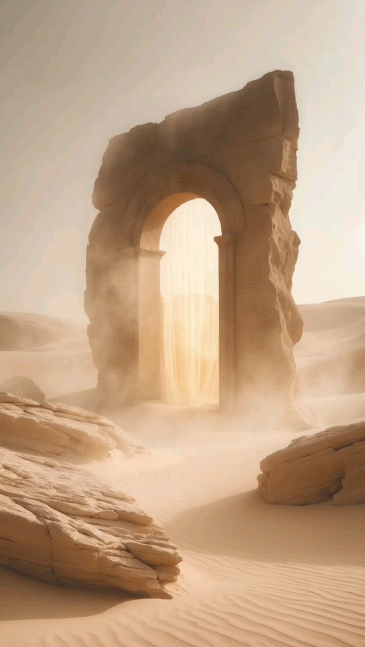 Ancient stone archway standing in a desert landscape with sandy dunes and rocks, illuminated by a warm, golden light.