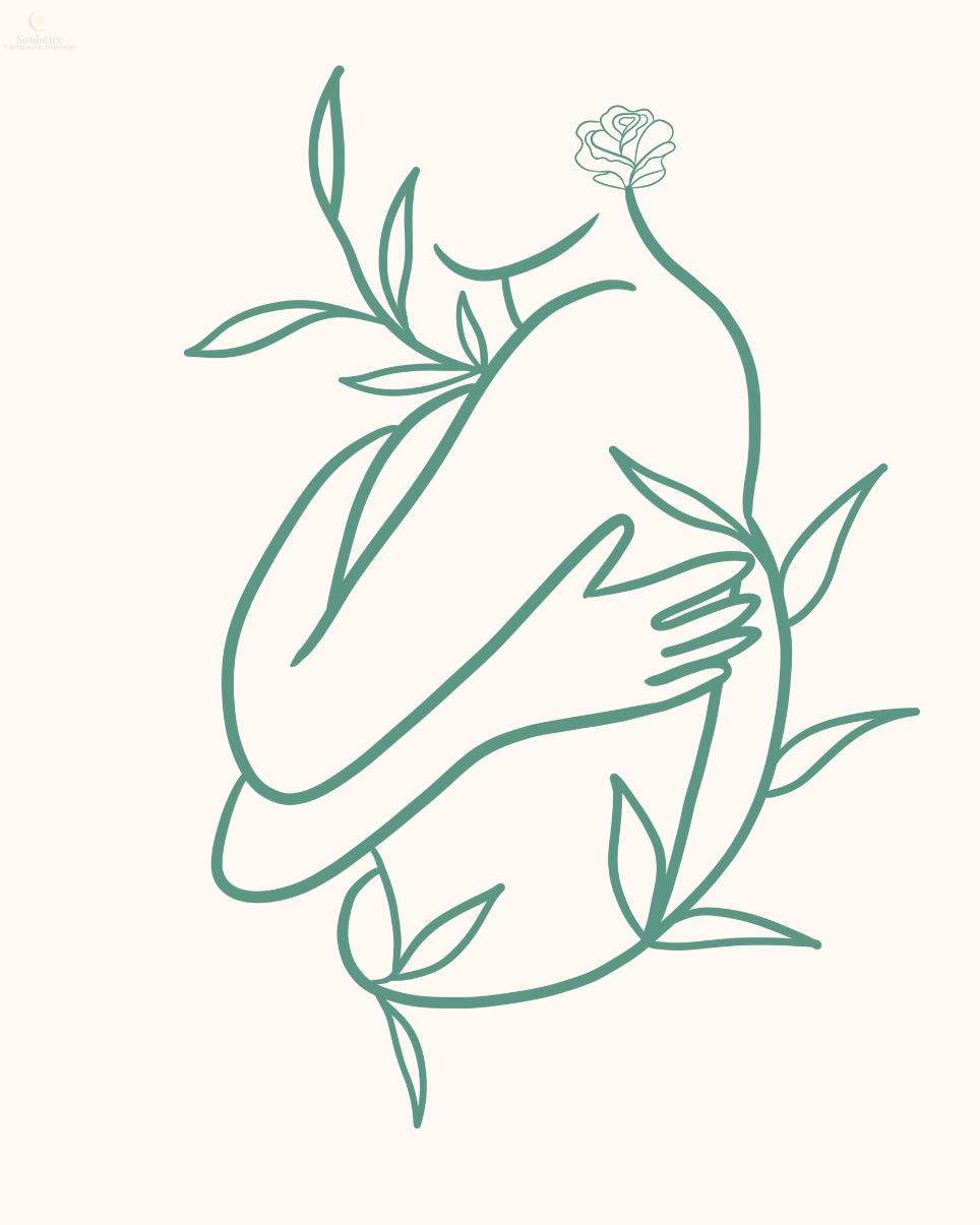 Line art illustration of a hugging figure intertwined with leaves and a flower, symbolizing love and nature.