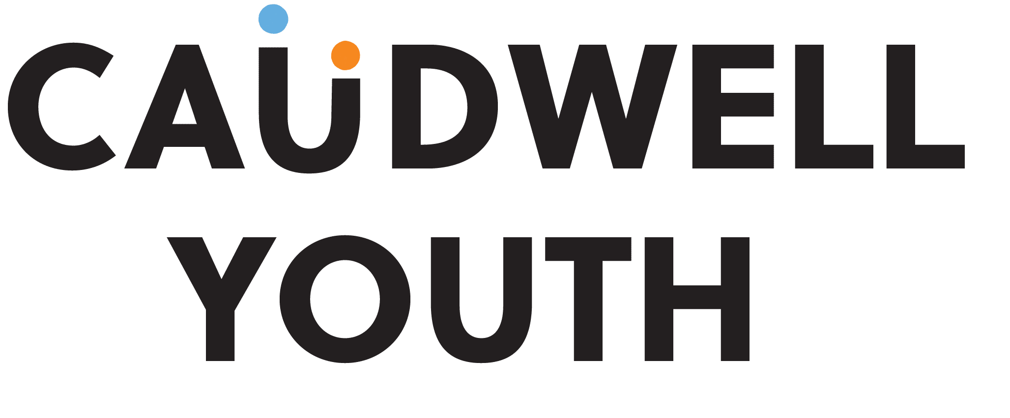 Logo with the text 'Caudwell Youth' in black font, with a blue dot above the 'i' in 'Caudwell' and an orange dot above the 'i' in 'Youth'.