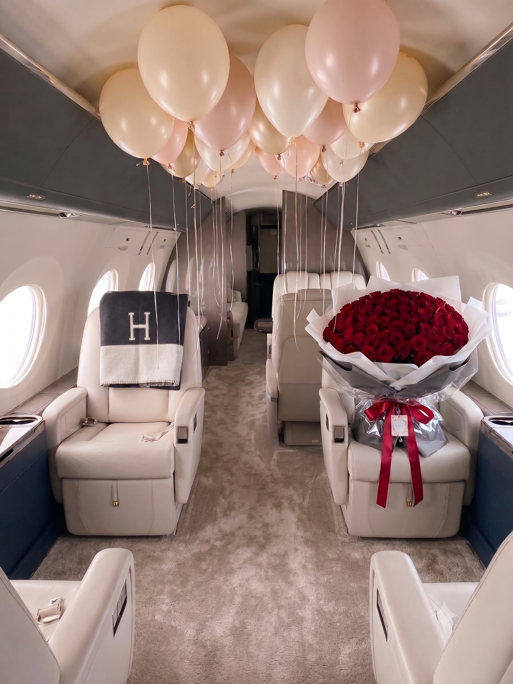 Themed private jet cabin decoration for a birthday celebration in the air