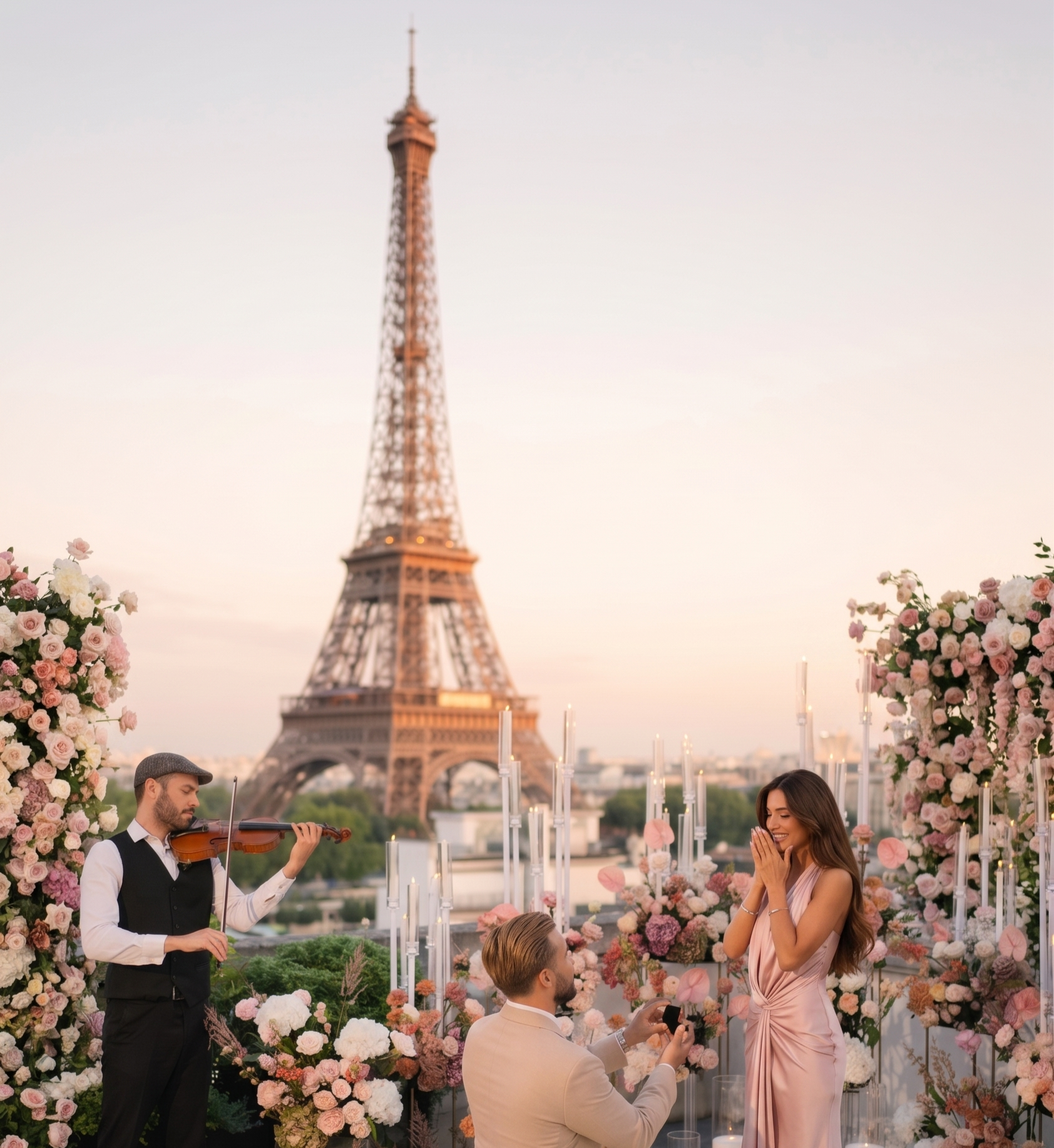 romantic wedding proposal with Eiffel Tower view