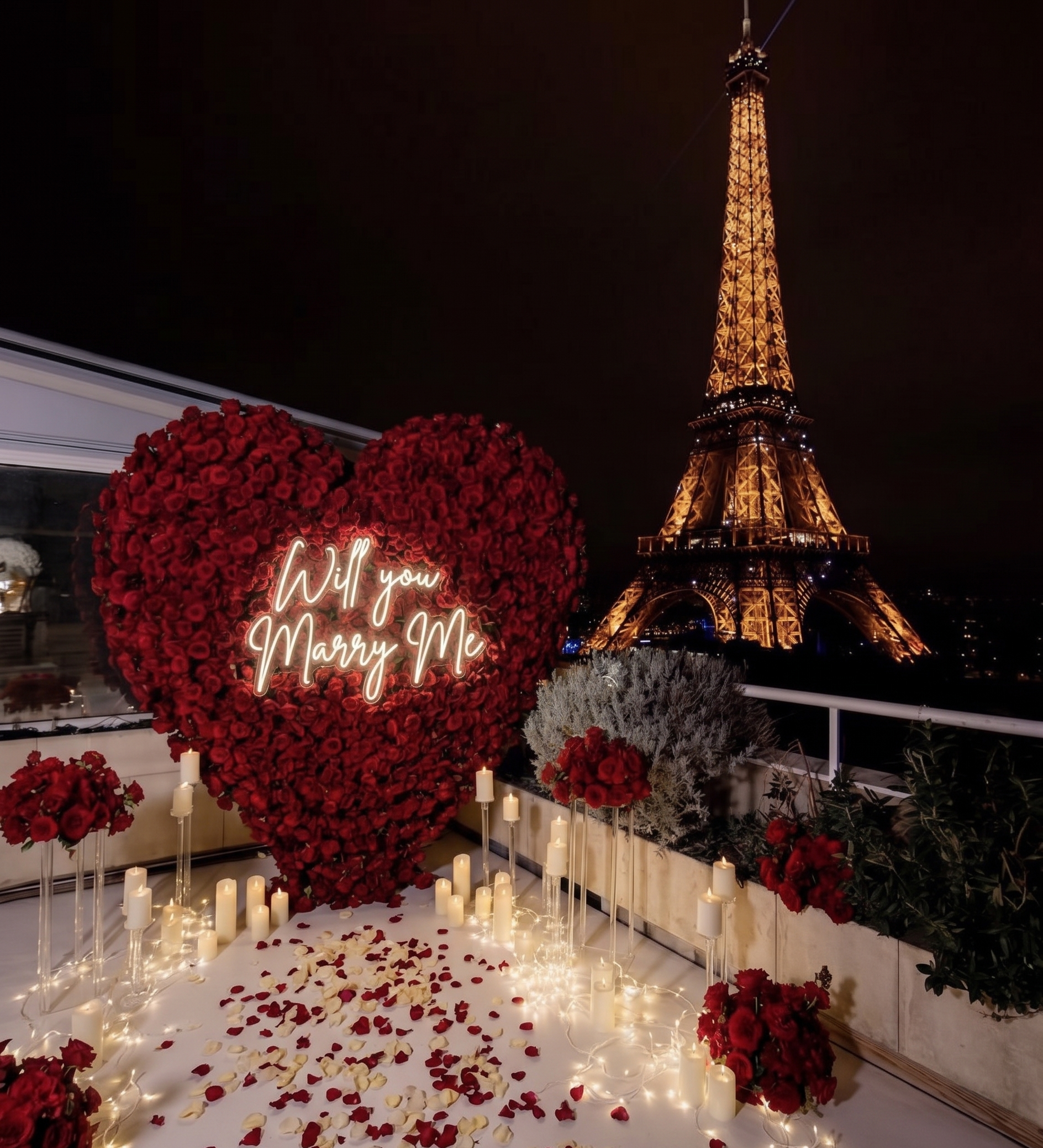 Luxury marriage proposal setup on a private terrace with Eiffel Tower view