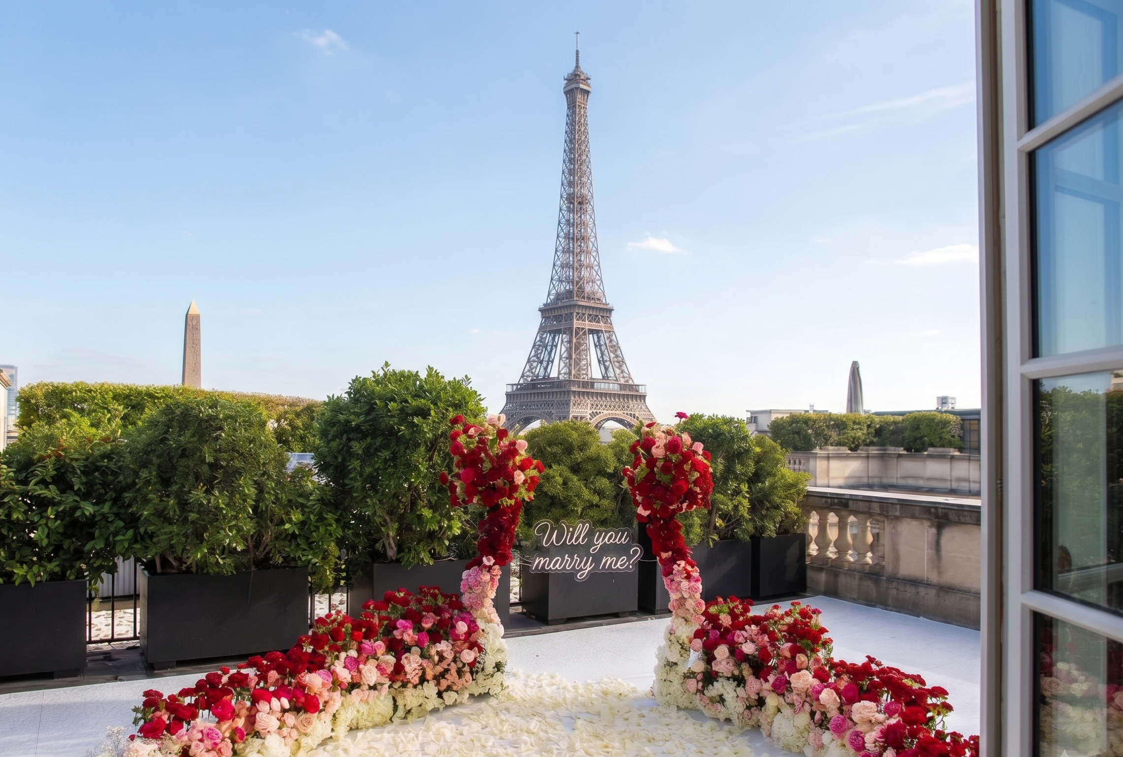 Rooftop marriage proposal decoration overlooking the Eiffel Tower