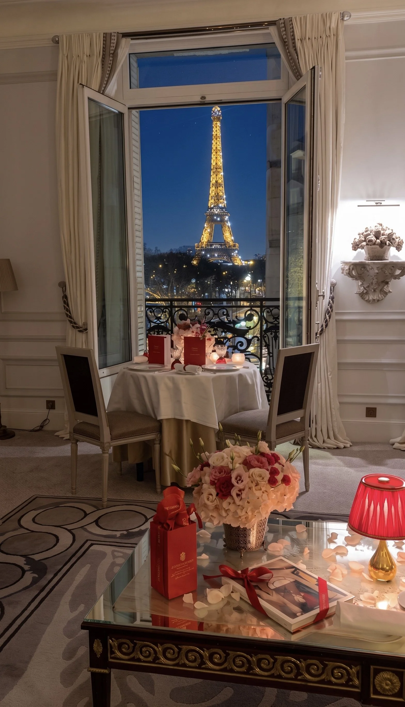 Candlelit romantic dinner decor overlooking the Eiffel Tower