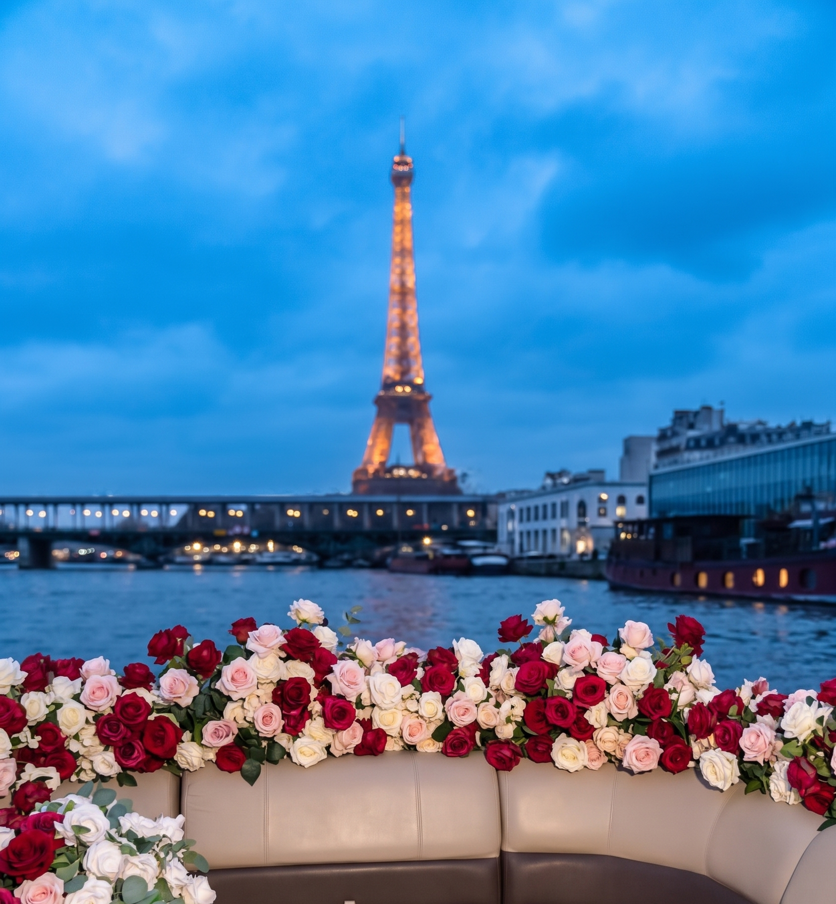 Private boat marriage proposal setup on the Seine with Eiffel Tower view