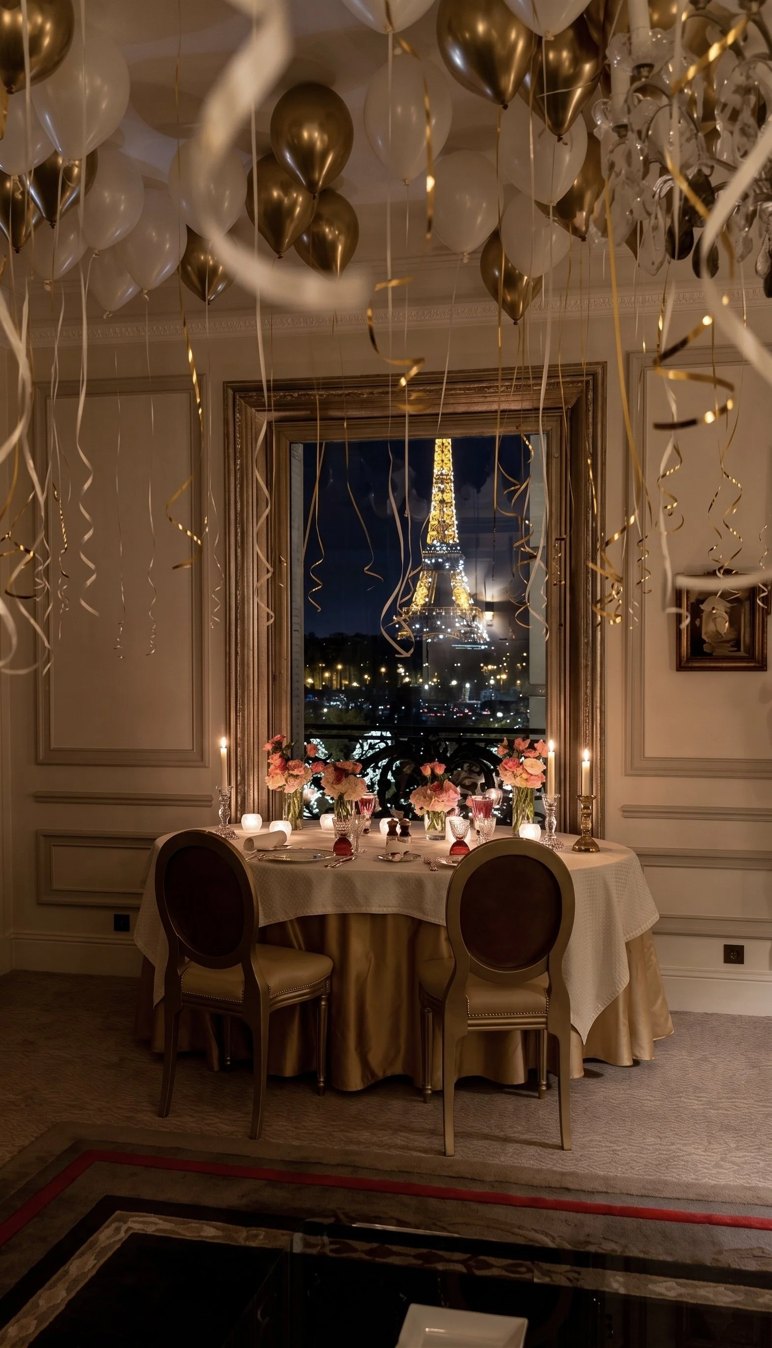 Romantic private dinner table set with Eiffel Tower view in Paris