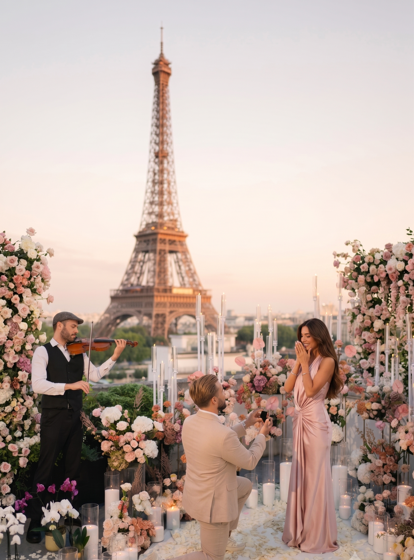 Luxury marriage proposal setup on a private terrace with Eiffel Tower view