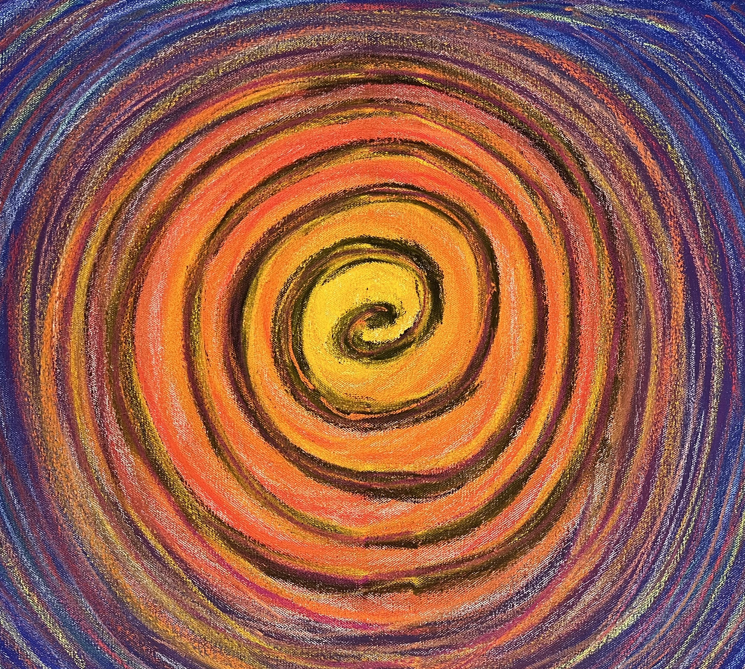 Ein farbenfrohes abstraktes Kunstwerk in Pastell mit spiralförmigen Mustern in Gelb, Orange, Rot, Lila, Blau und Schwarz, gemalt von der Künstlerin Christiane Kritzer, Inspiration Spiral