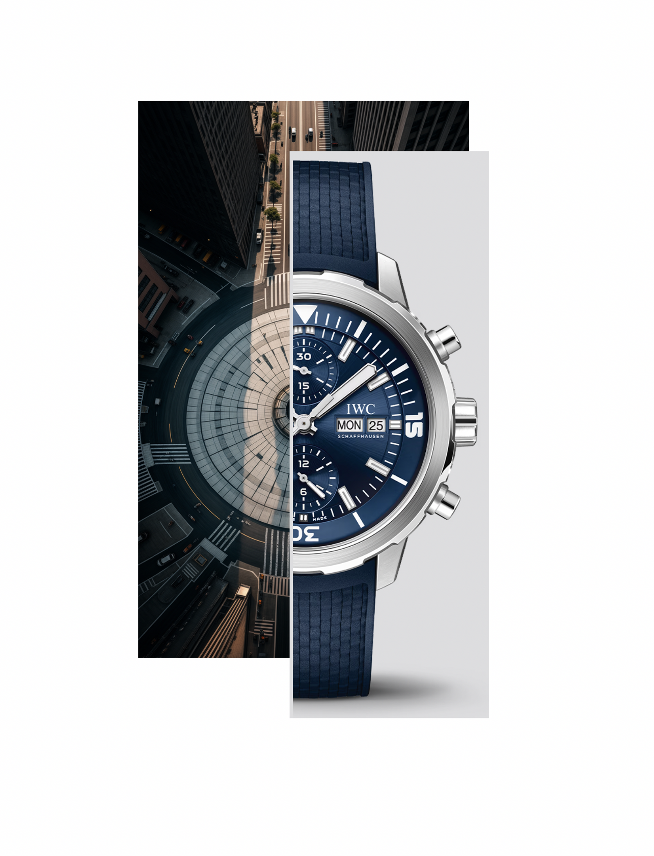 A split image showing a cityscape with tall buildings and streets on the left, and a close-up of a blue IWC Schaffhausen chronograph watch on the right.