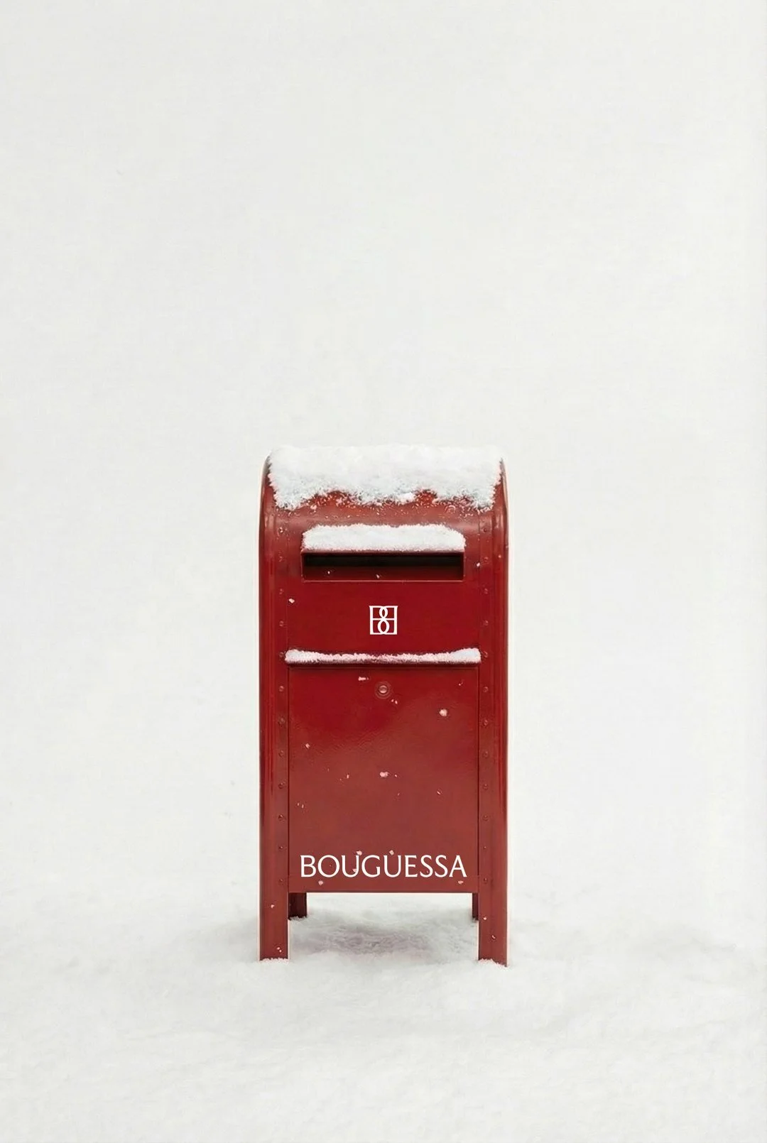 A red mailbox covered in snow, standing alone on a snowy surface against a plain white background.