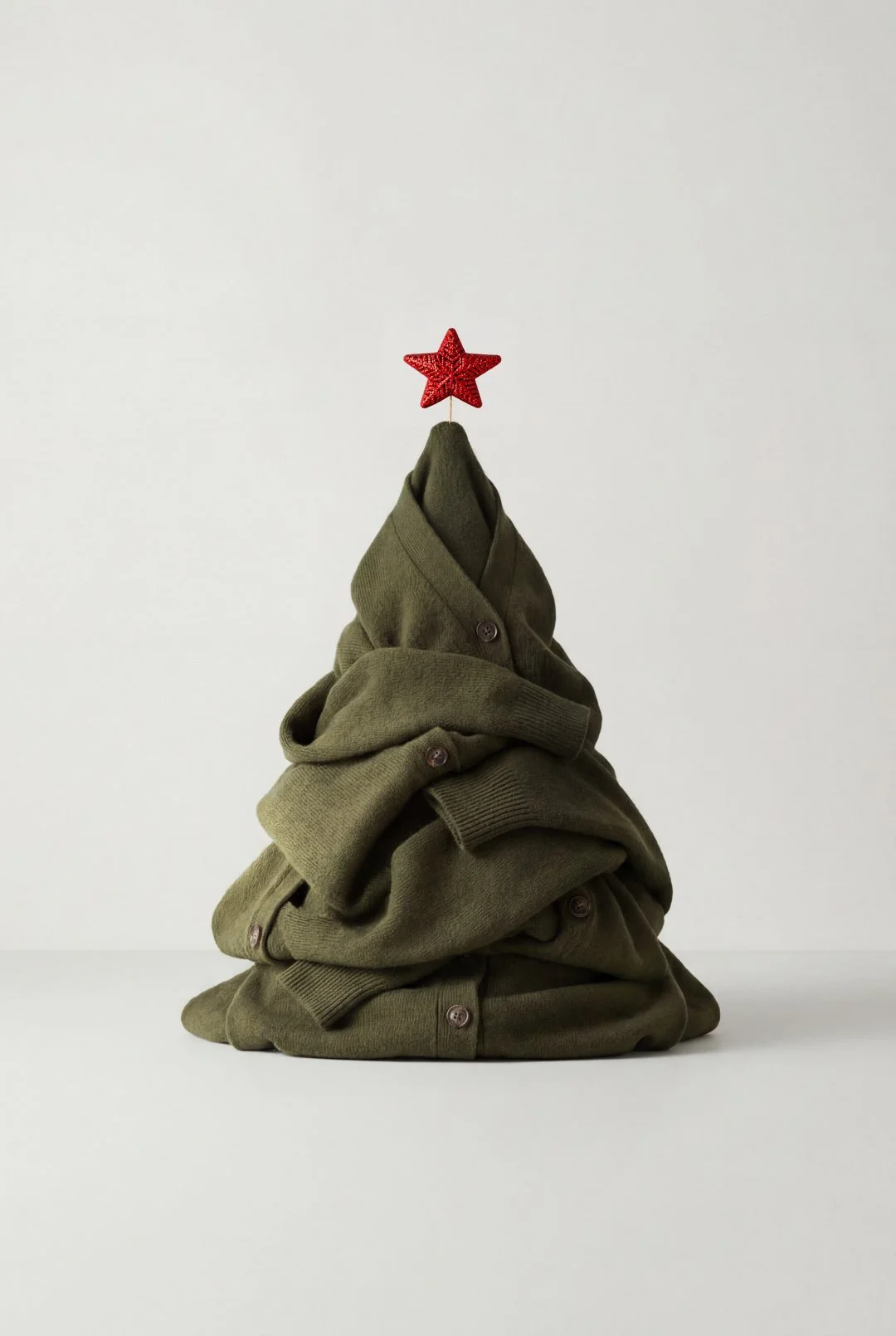 A Christmas tree made of folded green sweaters with a red star at the top, set against a plain white background.