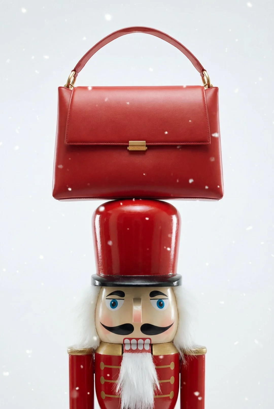 Red handbag balanced on top of a toy nutcracker soldier's head against a light background with falling snow.