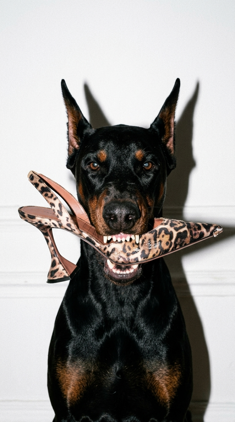 A black and tan Doberman holding a leopard print high heel shoe in its mouth.