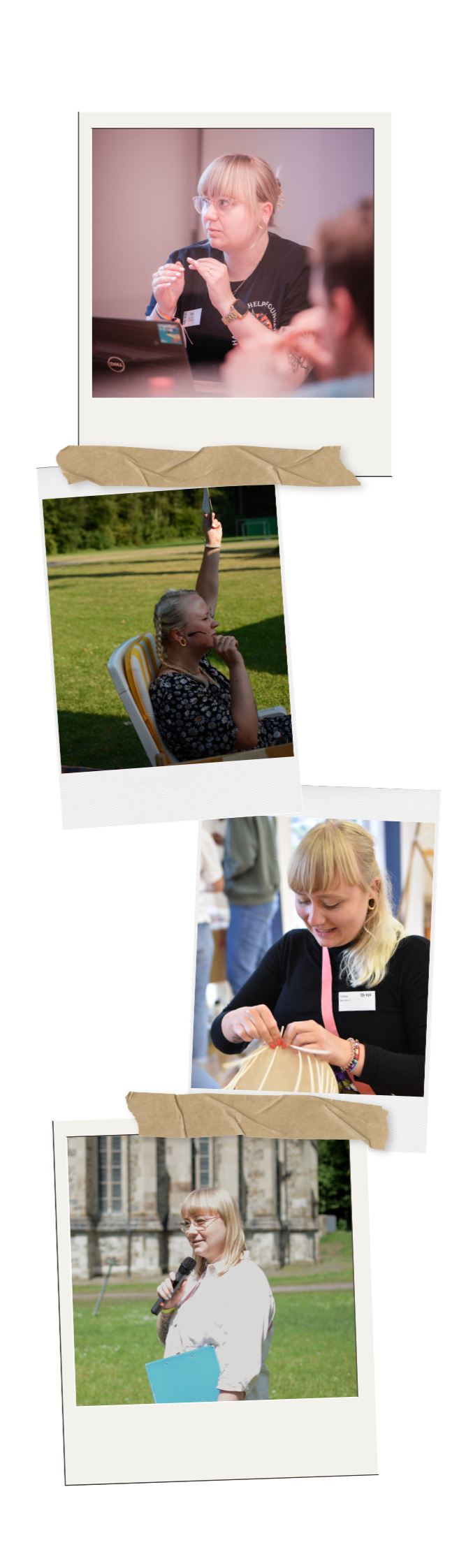 Vier Fotos von Frauen, die an unterschiedlichen Orten sind und verschiedene Aktivitäten durchführen.
