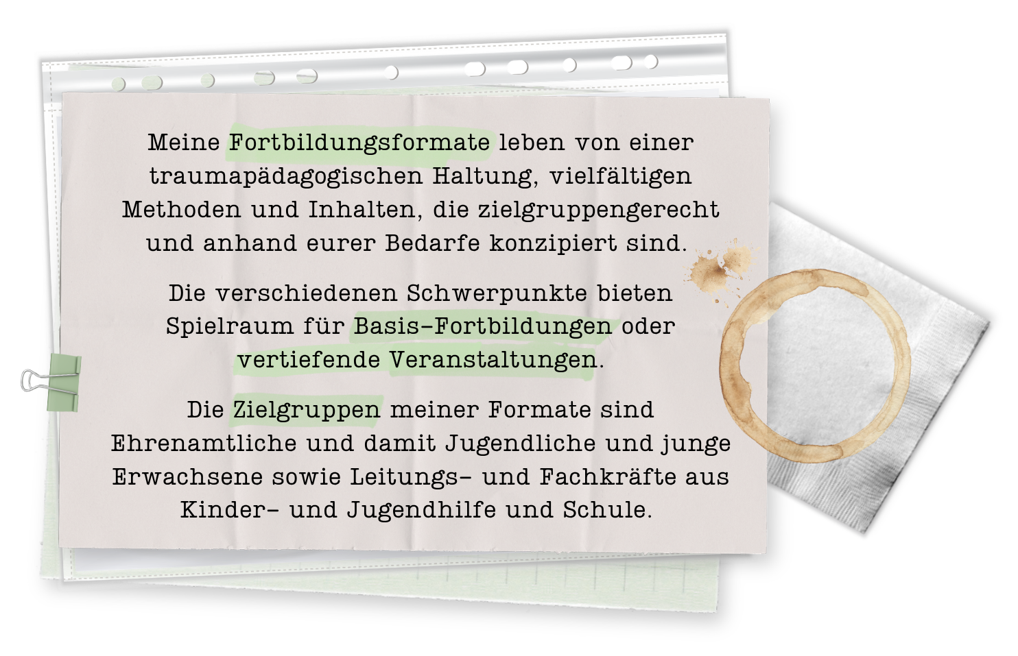 Ein handgeschriebener Text auf einem Papier, das an einer Klammer befestigt ist, mit Kaffee- oder Teeresten auf der Seite, auf einem schwarzen Hintergrund. Es handelt sich um eine Beschreibung von Weiterbildungsformaten und Zielgruppen.