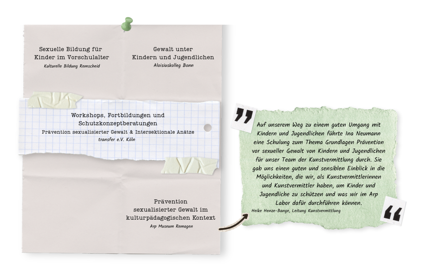 Ein Plakat mit mehreren Klebezettel und einer grünen Notiz, die eine Einladung zu einem Workshop über Prävention sexueller Gewalt bei Kindern und Jugendlichen enthält.