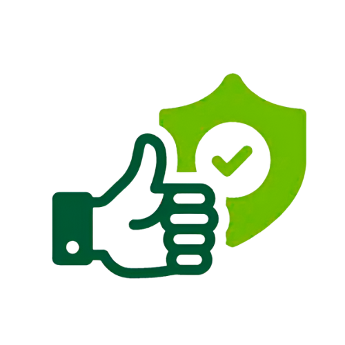 Green shield with a checkmark and a thumbs-up hand symbol, representing approval or security.