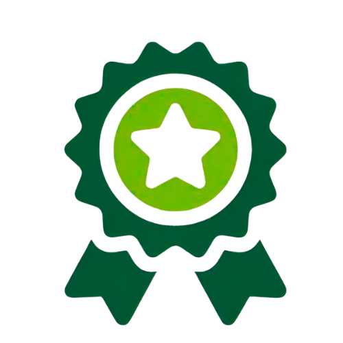 A green award ribbon with a star inside a circle