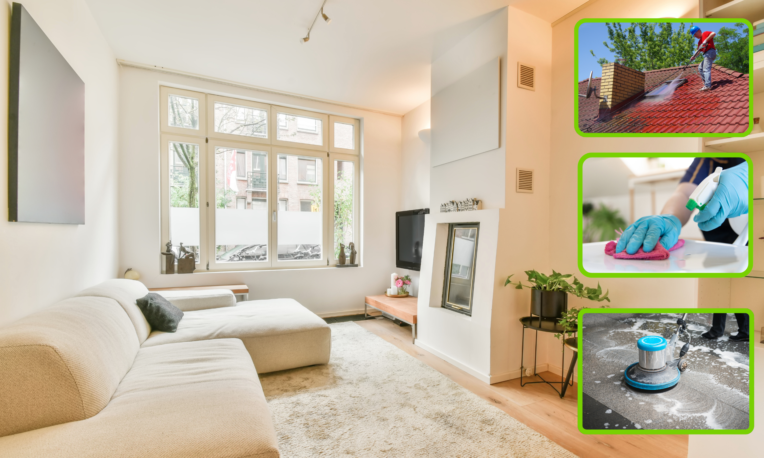 Living room with large window, white couch, and flat-screen TV. Inset images: worker cleaning roof with pressure washer, person in gloves and protective gear cleaning a surface, and a robotic floor cleaner on a carpet.