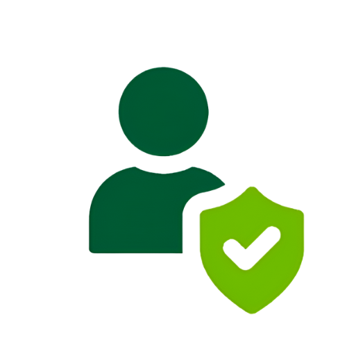 Icon of a person with a shield featuring a check mark, representing security or protection.