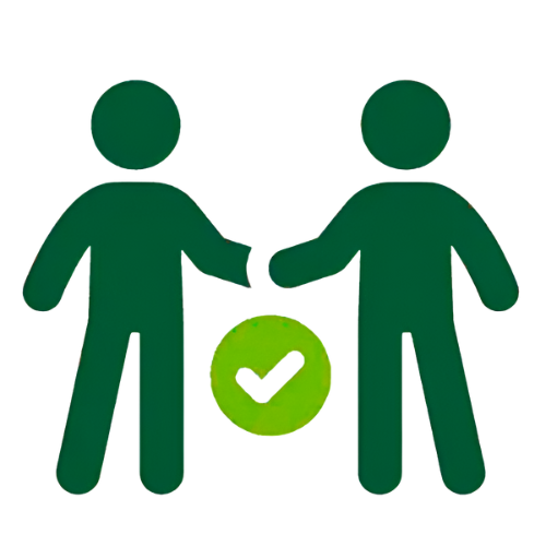 Two green human icons holding hands with a yellow checkmark between them, indicating agreement or partnership.