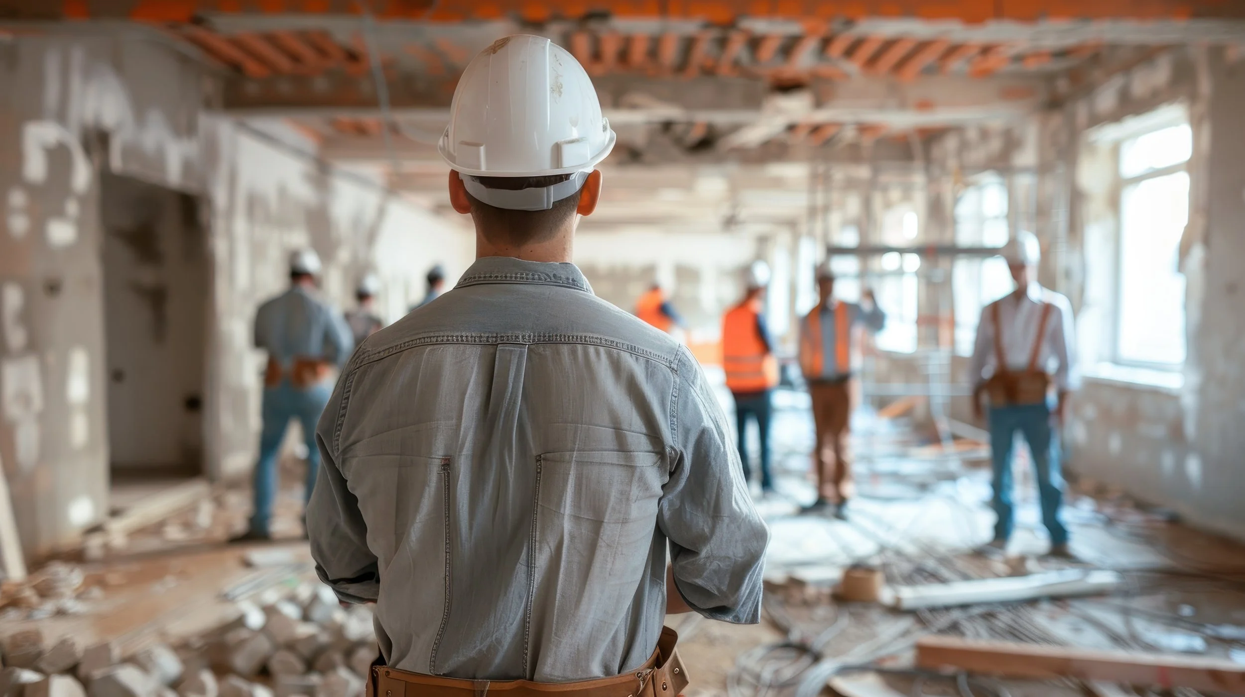 Construction supervisor from Brothers Restoration overseeing a building damage restoration site in the GTA, with workers in the background.