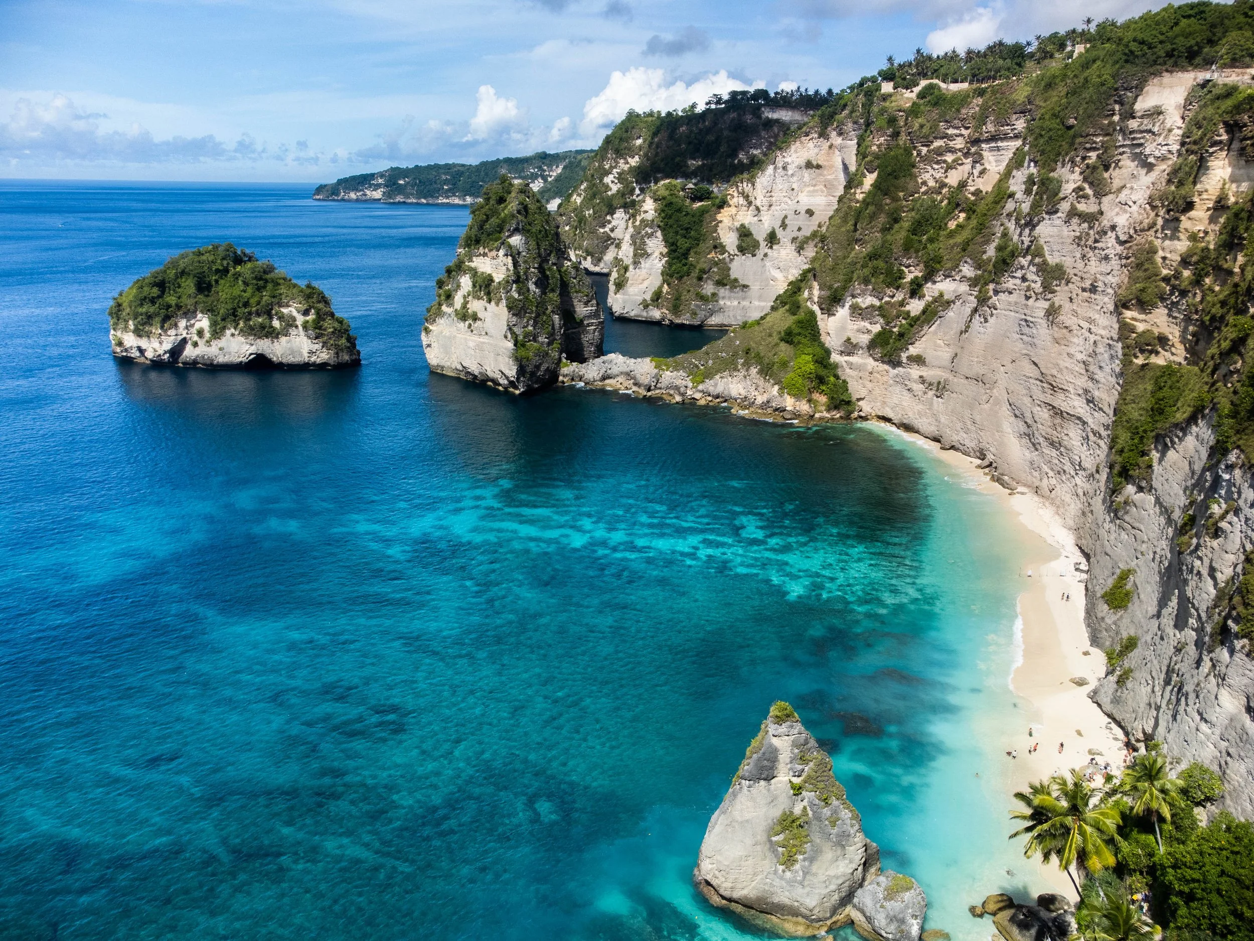 Aerial view of rugged cliffs with greenery above a white sand beach and turquoise ocean water, with a small island nearby.