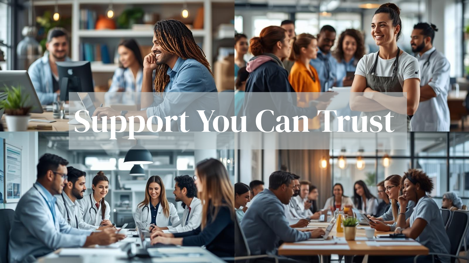 Collage of diverse professionals in a business meeting and in a medical conference. Overlaid with text 'Support You Can Trust'.