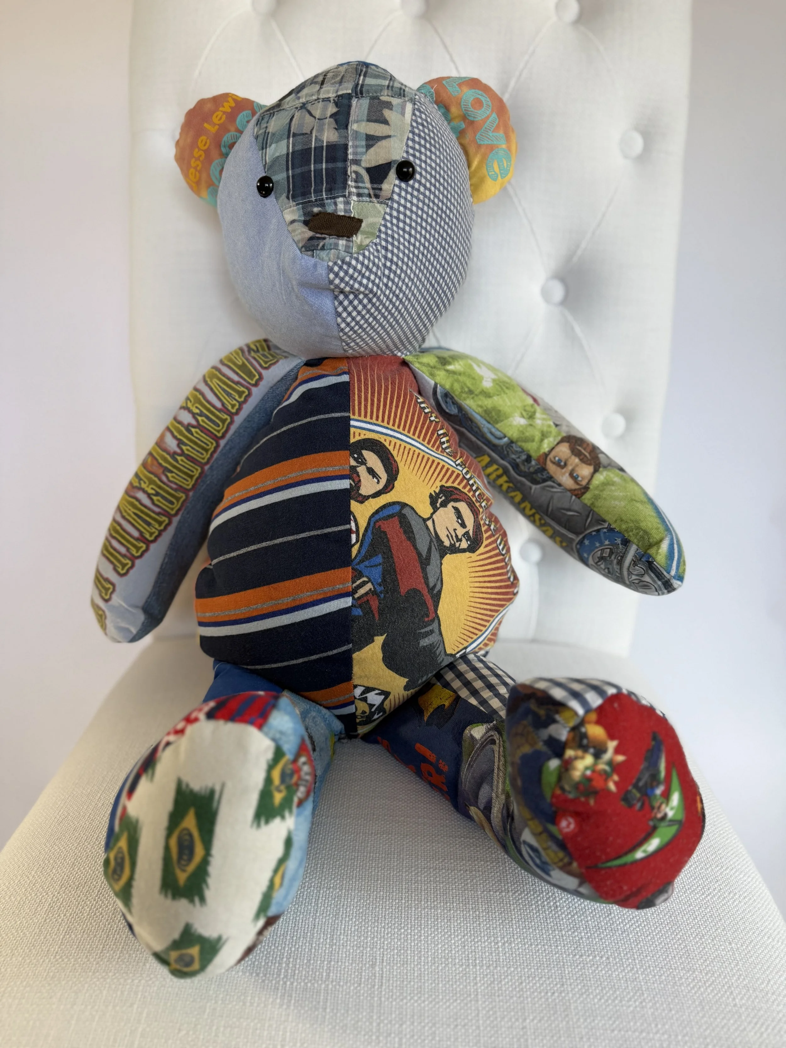 Local quilt maker Barb Patrick Design creates handmade fabric memory teddy bears from clothing,