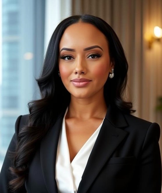 Professional woman with long dark hair wearing a black blazer and white blouse indoors near a window.