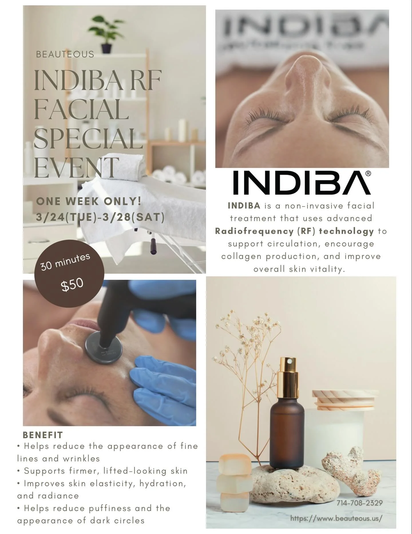 INDIA RF facial event! 30 mins for $50.

One week only 3/24 Tue - 3/28 Sat

INDIBA is a non- invasive facial treatment that uses advanced Radio Frequency (RF) technology to support circulation, encourage collagen production, and improve overall skin 