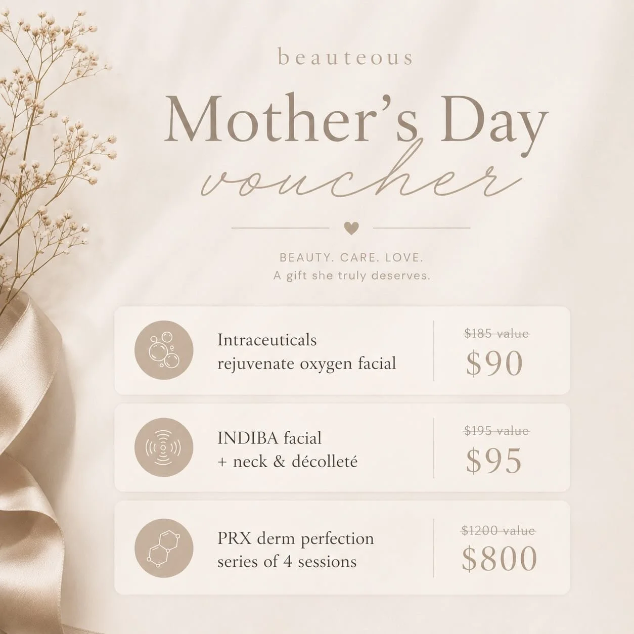 Mother&rsquo;s Day Voucher 🤍
Enter to win free Hydrafacial treatment🎁

▫️ Intraceuticals Rejuvenate Oxygen Facial
$185 &rarr; $90

▫️ INDIBA Facial + Neck &amp; D&eacute;collet&eacute;
$195 &rarr; $95

▫️ PRX Derm Perfection (4 Sessions)
$1200 &rar