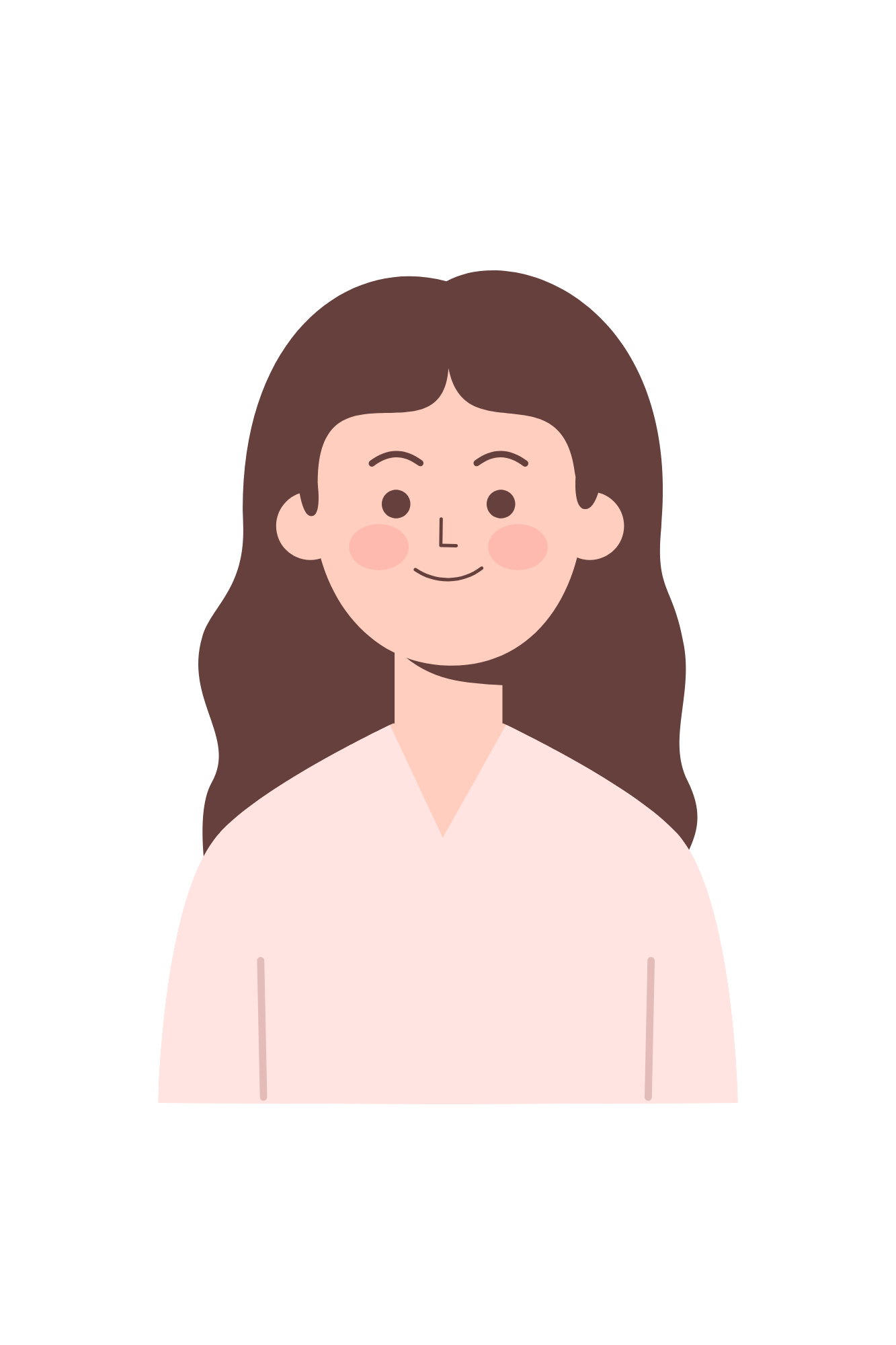 Illustration d'une femme avec des cheveux longs bruns, souriante, portant une robe ou un vêtement léger rose clair.
