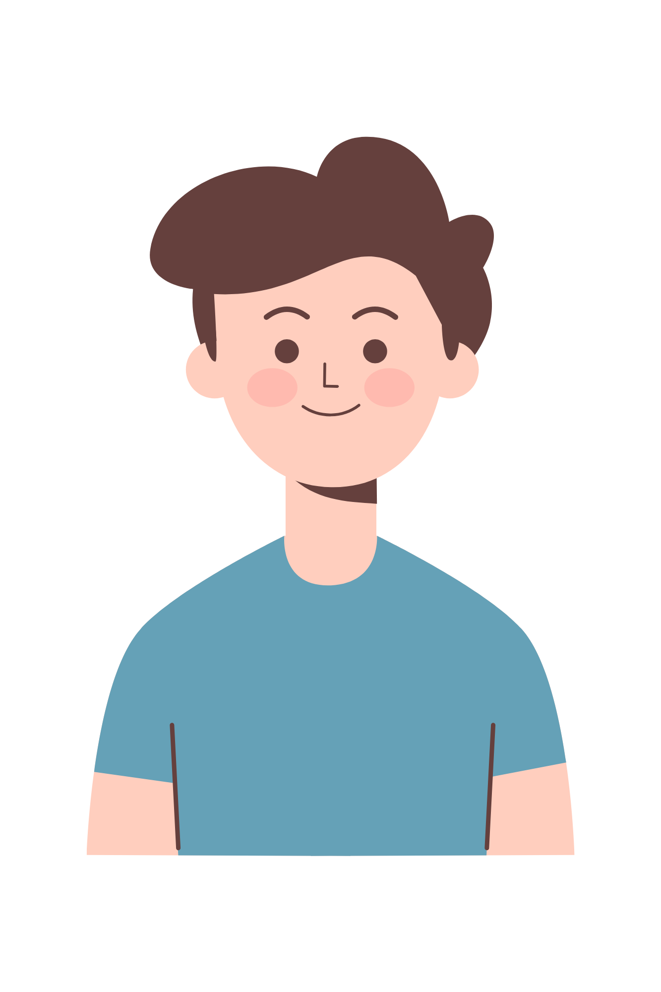 Dessin d'un jeune homme avec des cheveux bruns et un t-shirt bleu, souriant, style cartoon.