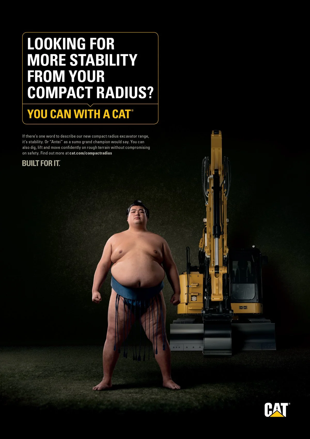 Cat compact radius ad with Sumo wrestler