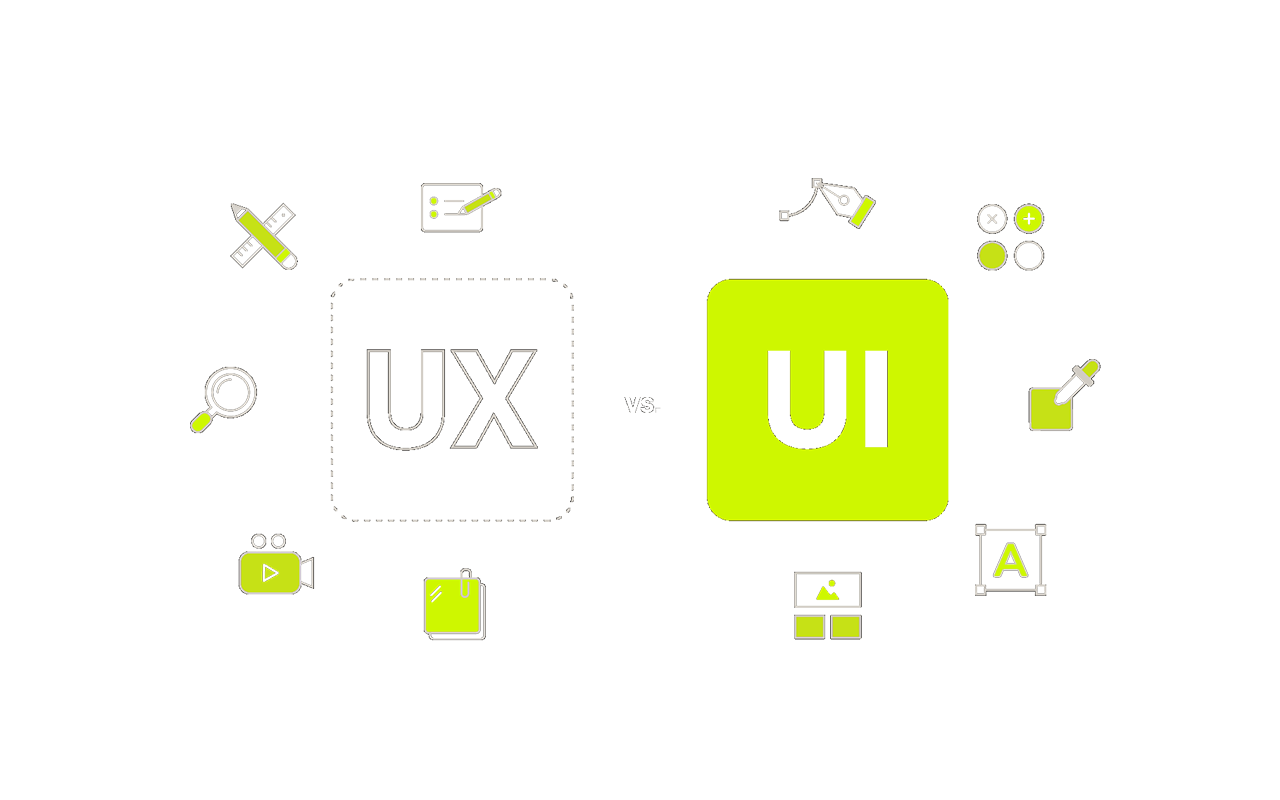 A graphic comparing UX (User Experience) and UI (User Interface), surrounded by icons representing design tools like pencils, magnifying glasses, video cameras, paint brushes, and display elements, on a black background with lime green and white accents.
