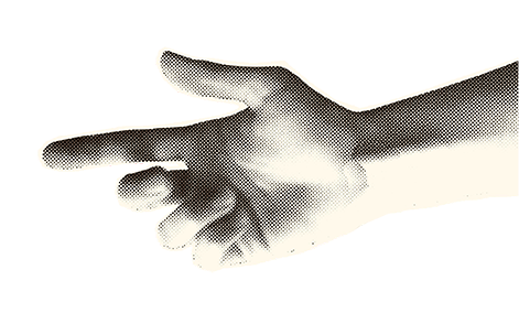 A black and white illustration of a hand gesturing with two fingers extended and other fingers curled.