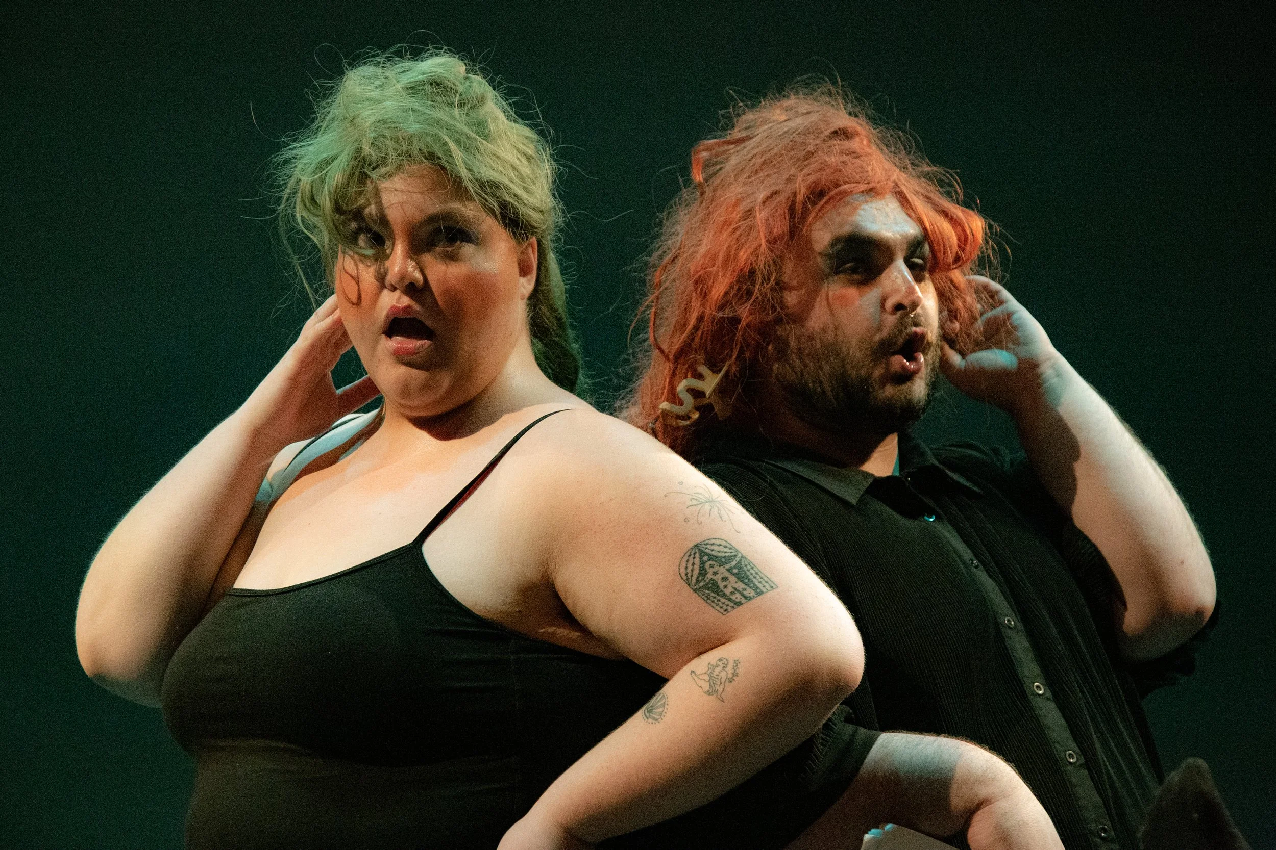 Actors Isabel Ebeid and Matthew Antoci, SHRIMP! WIP (Dixon Place, 2026). Photo by sf pestana.